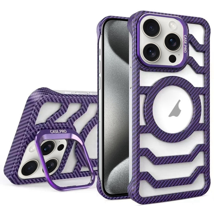 For iPhone 15 Pro Max Borderless Carbon Fiber Lens Protection Bracket MagSafe Phone Case(Purple) by buy2fix