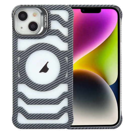 For iPhone 14 Borderless Carbon Fiber Lens Protection Bracket MagSafe Phone Case(Grey) by buy2fix