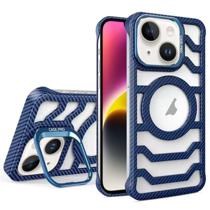 For iPhone 14 Borderless Carbon Fiber Lens Protection Bracket MagSafe Phone Case(Blue) by buy2fix