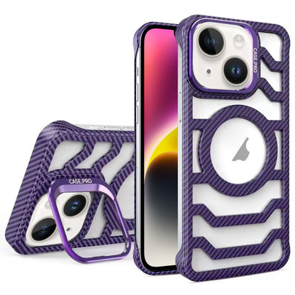 For iPhone 14 Borderless Carbon Fiber Lens Protection Bracket MagSafe Phone Case(Purple) by buy2fix