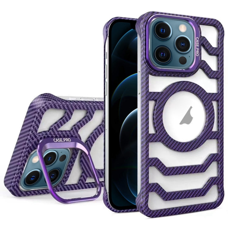 For iPhone 12 Pro Max Borderless Carbon Fiber Lens Protection Bracket MagSafe Phone Case(Purple) by buy2fix