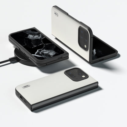 For Google Pixel 9 Pro Fold ABEEL Genuine Leather Elegant Black Edge Phone Case(White) by buy2fix