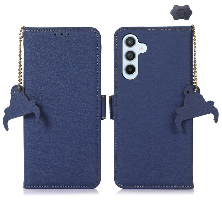 For Samsung Galaxy M35 Genuine Leather Mino Magnetic RFID Leather Phone Case(Blue) - Galaxy Phone Cases by buy2fix | Online Shopping UK | buy2fix