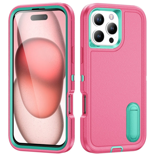 For iPhone 16 Pro Max Rugged PC + Silicone Phone Case with Holder(Rose Red+Light Green) by buy2fix