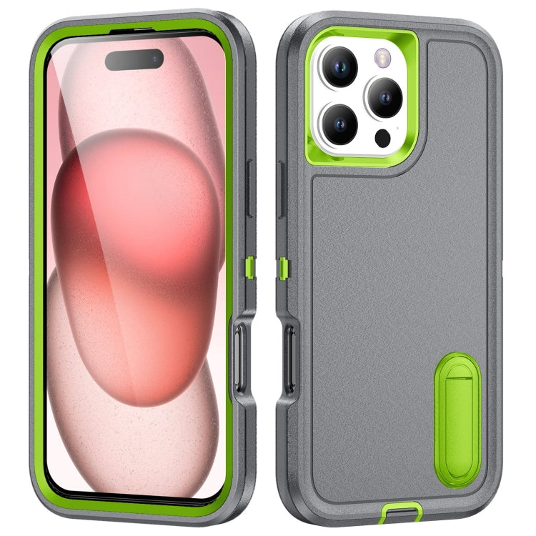 For iPhone 16 Pro Max Rugged PC + Silicone Phone Case with Holder(Grey+Fresh Green) by buy2fix