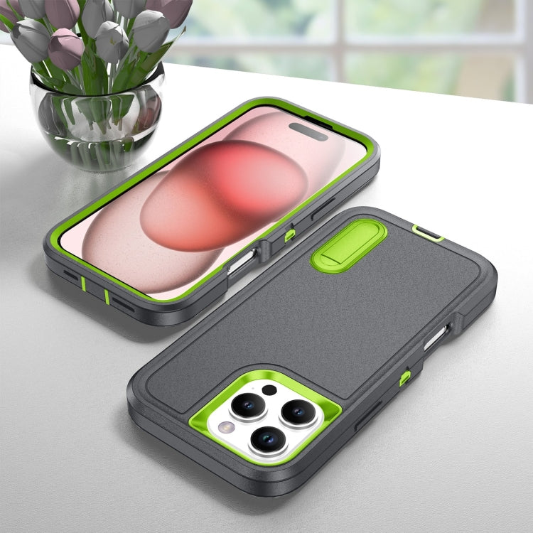 For iPhone 16 Pro Max Rugged PC + Silicone Phone Case with Holder(Grey+Fresh Green) by buy2fix