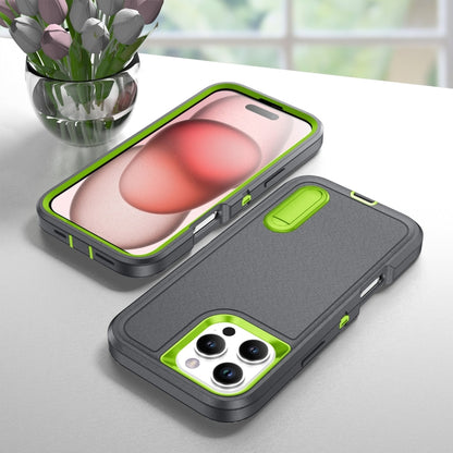 For iPhone 16 Pro Max Rugged PC + Silicone Phone Case with Holder(Grey+Fresh Green) by buy2fix