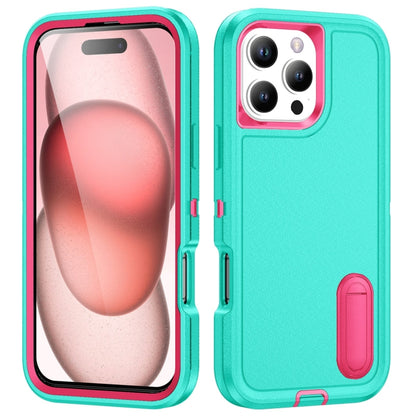 For iPhone 16 Pro Max Rugged PC + Silicone Phone Case with Holder(Light Green+Rose Red) by buy2fix