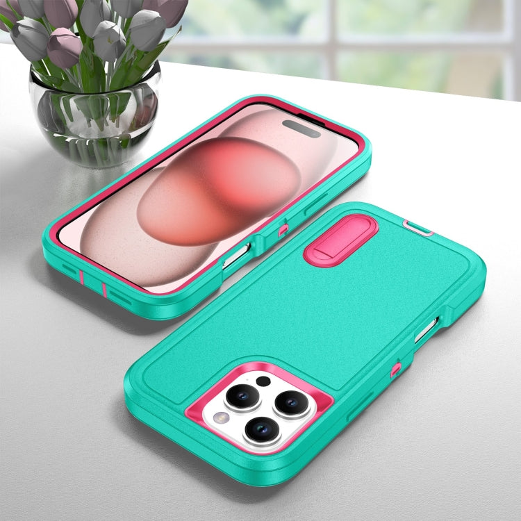 For iPhone 16 Pro Max Rugged PC + Silicone Phone Case with Holder(Light Green+Rose Red) by buy2fix
