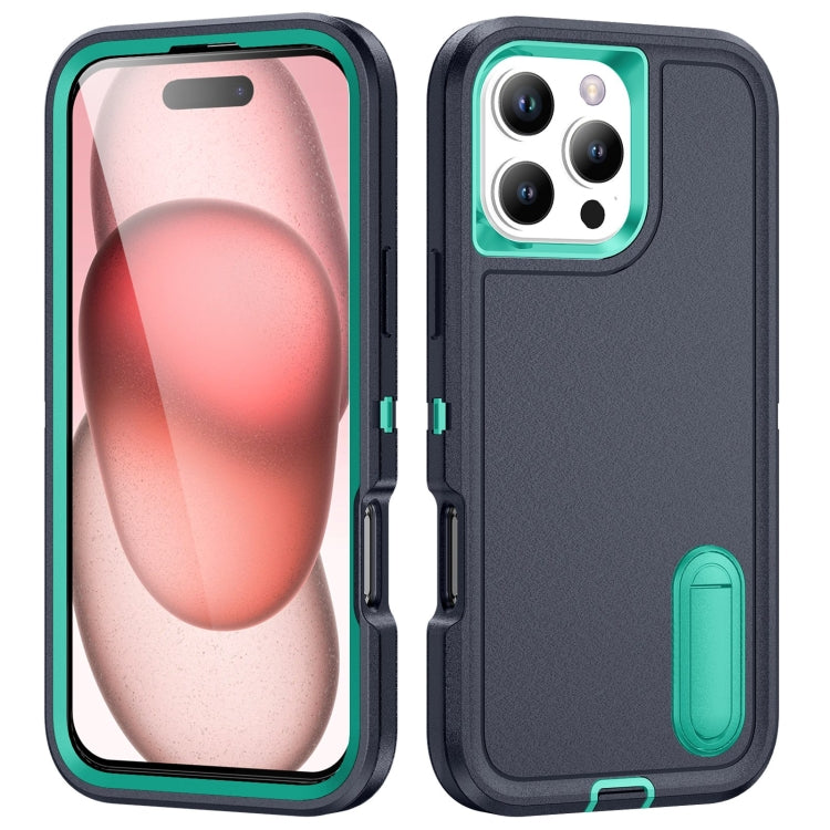 For iPhone 16 Pro Max Rugged PC + Silicone Phone Case with Holder(Dark Blue+Light Green) by buy2fix