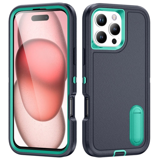 For iPhone 16 Pro Max Rugged PC + Silicone Phone Case with Holder(Dark Blue+Light Green) by buy2fix