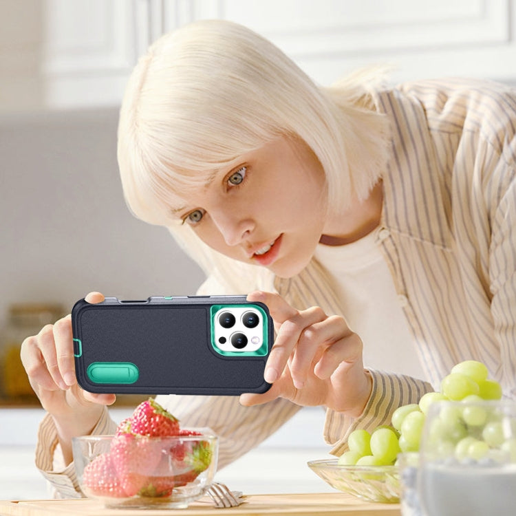 For iPhone 16 Pro Max Rugged PC + Silicone Phone Case with Holder(Dark Blue+Light Green) by buy2fix