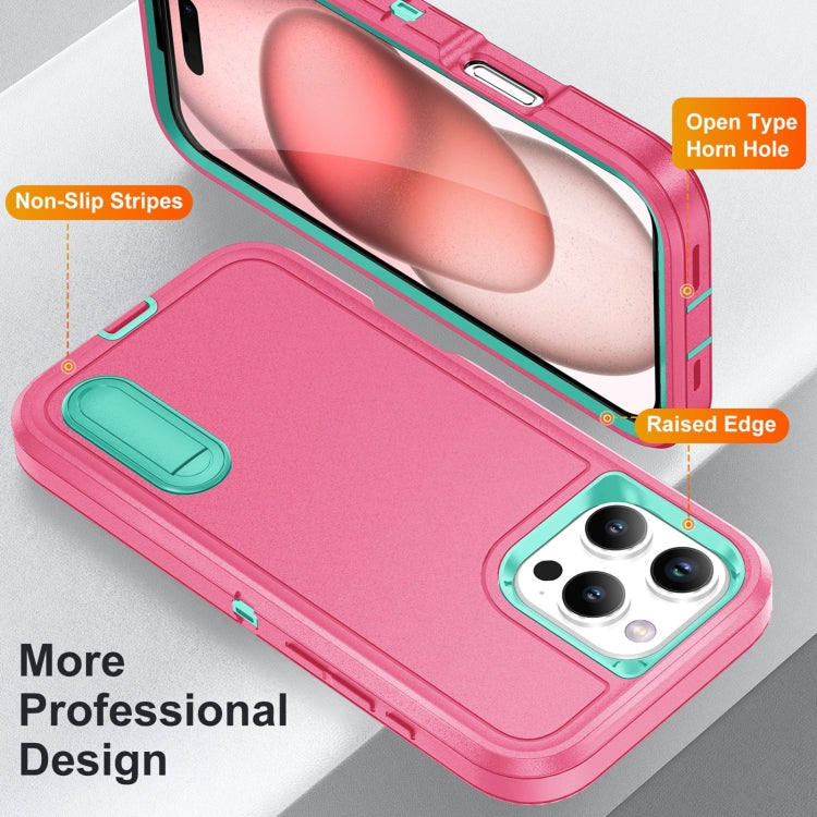 For iPhone 16 Pro Rugged PC + Silicone Phone Case with Holder(Rose Red+Light Green) by buy2fix