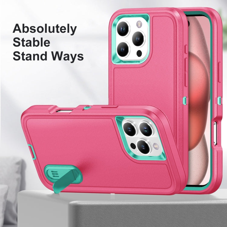 For iPhone 16 Pro Rugged PC + Silicone Phone Case with Holder(Rose Red+Light Green) by buy2fix