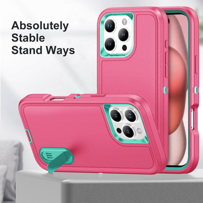 For iPhone 16 Pro Rugged PC + Silicone Phone Case with Holder(Rose Red+Light Green) by buy2fix