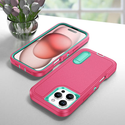 For iPhone 16 Pro Rugged PC + Silicone Phone Case with Holder(Rose Red+Light Green) by buy2fix