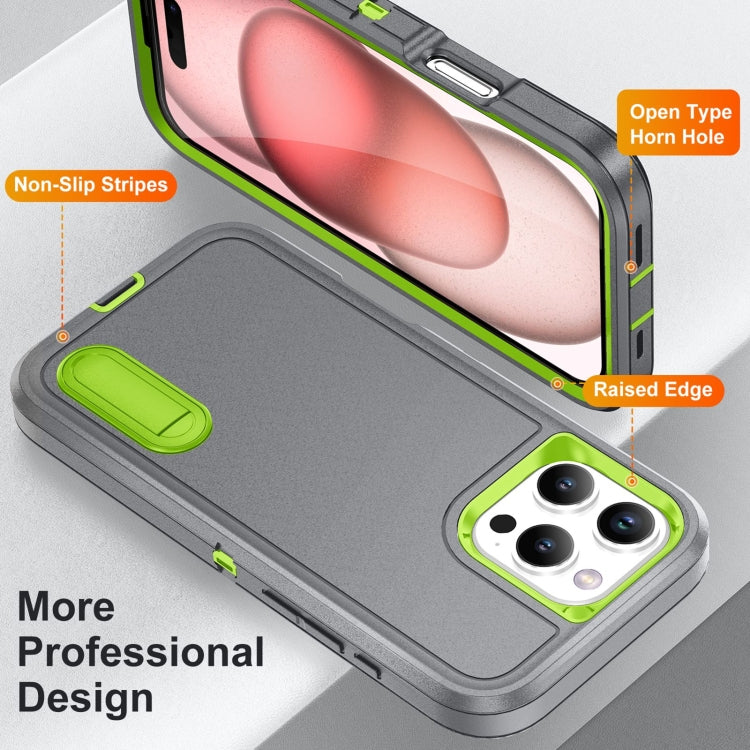 For iPhone 16 Pro Rugged PC + Silicone Phone Case with Holder(Grey+Fresh Green) by buy2fix