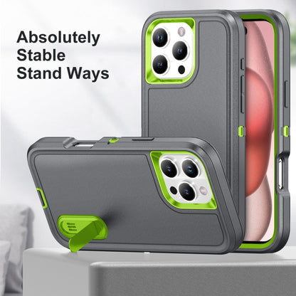 For iPhone 16 Pro Rugged PC + Silicone Phone Case with Holder(Grey+Fresh Green) by buy2fix