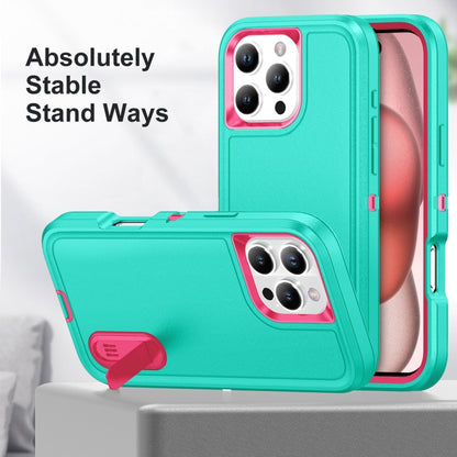 For iPhone 16 Pro Rugged PC + Silicone Phone Case with Holder(Light Green+Rose Red) by buy2fix
