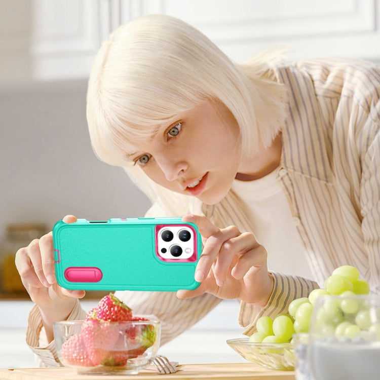 For iPhone 16 Pro Rugged PC + Silicone Phone Case with Holder(Light Green+Rose Red) by buy2fix