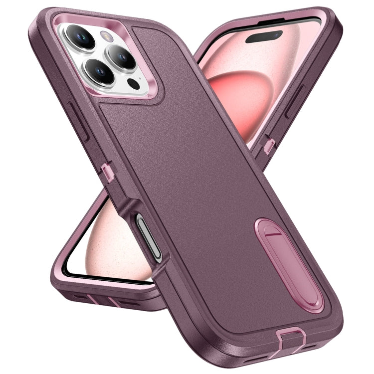 For iPhone 16 Pro Rugged PC + Silicone Phone Case with Holder(Purple+Pink) by buy2fix