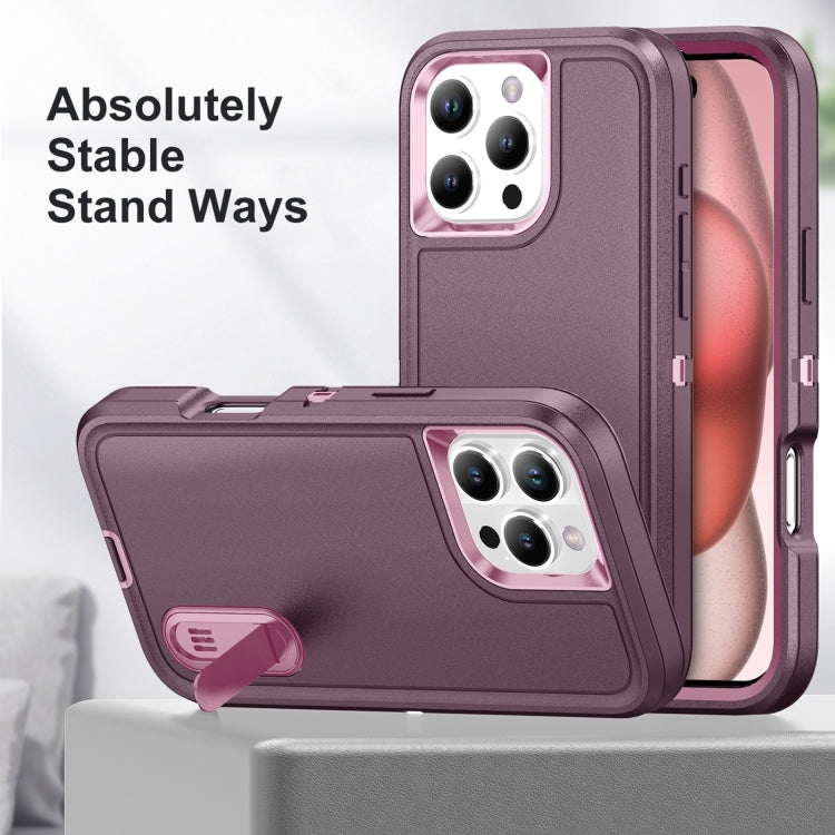 For iPhone 16 Pro Rugged PC + Silicone Phone Case with Holder(Purple+Pink) by buy2fix