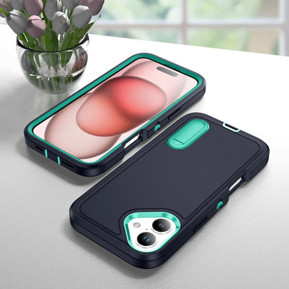 For iPhone 16 Plus Rugged PC + Silicone Phone Case with Holder(Dark Blue+Light Green) - iPhone 16 Plus Cases by buy2fix | Online Shopping UK | buy2fix