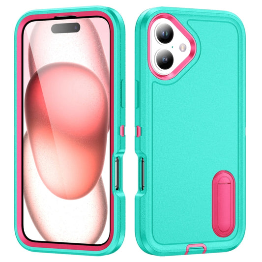For iPhone 16 Rugged PC + Silicone Phone Case with Holder(Light Green+Rose Red) - iPhone 16 Cases by buy2fix | Online Shopping UK | buy2fix