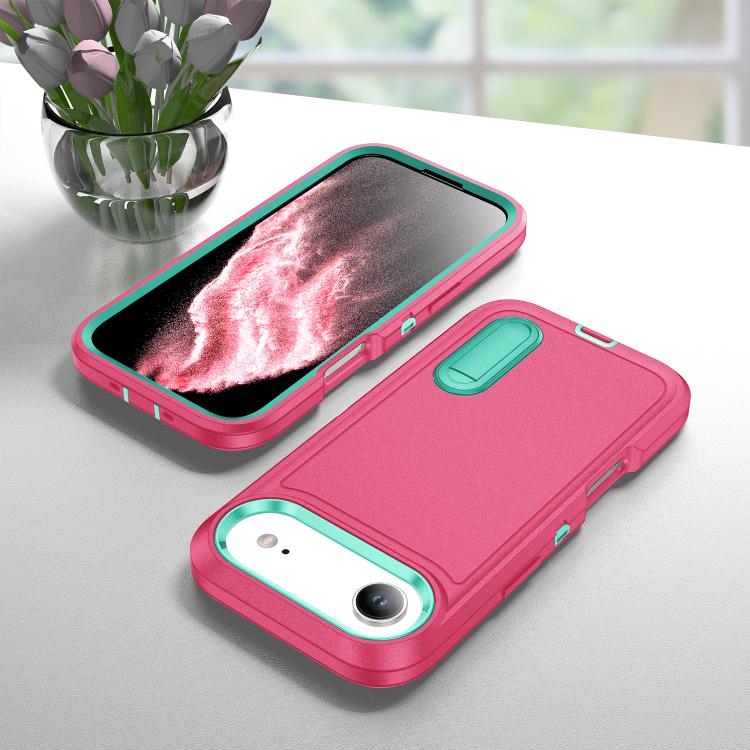 For iPhone Air Rugged PC + Silicone Phone Case with Holder(Rose Red+Light Green) - iPhone Air Cases by buy2fix | Online Shopping UK | buy2fix