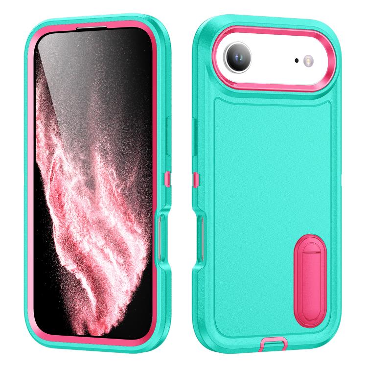 For iPhone Air Rugged PC + Silicone Phone Case with Holder(Light Green+Rose Red) - iPhone Air Cases by buy2fix | Online Shopping UK | buy2fix