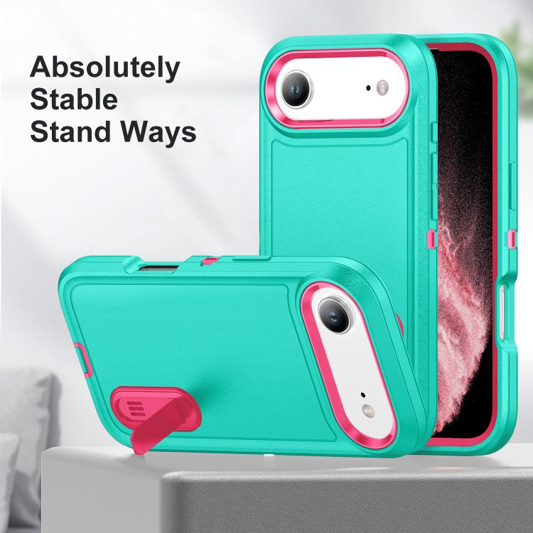 For iPhone Air Rugged PC + Silicone Phone Case with Holder(Light Green+Rose Red) - iPhone Air Cases by buy2fix | Online Shopping UK | buy2fix