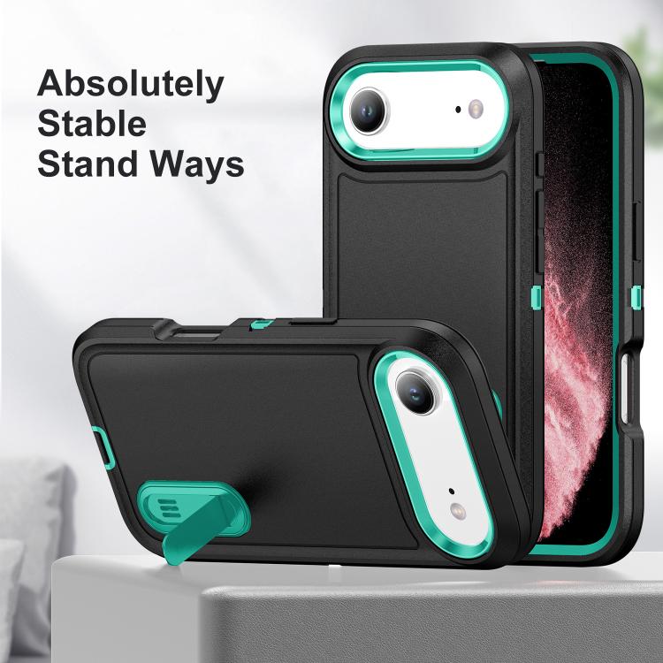 For iPhone Air Rugged PC + Silicone Phone Case with Holder(Dark Blue+Light Green) - iPhone Air Cases by buy2fix | Online Shopping UK | buy2fix