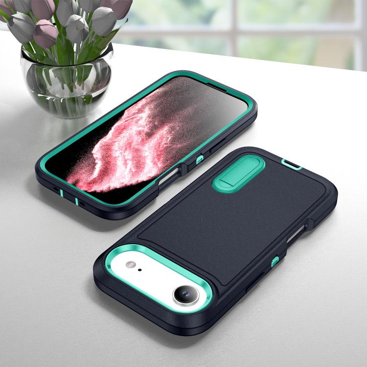 For iPhone Air Rugged PC + Silicone Phone Case with Holder(Dark Blue+Light Green) - iPhone Air Cases by buy2fix | Online Shopping UK | buy2fix