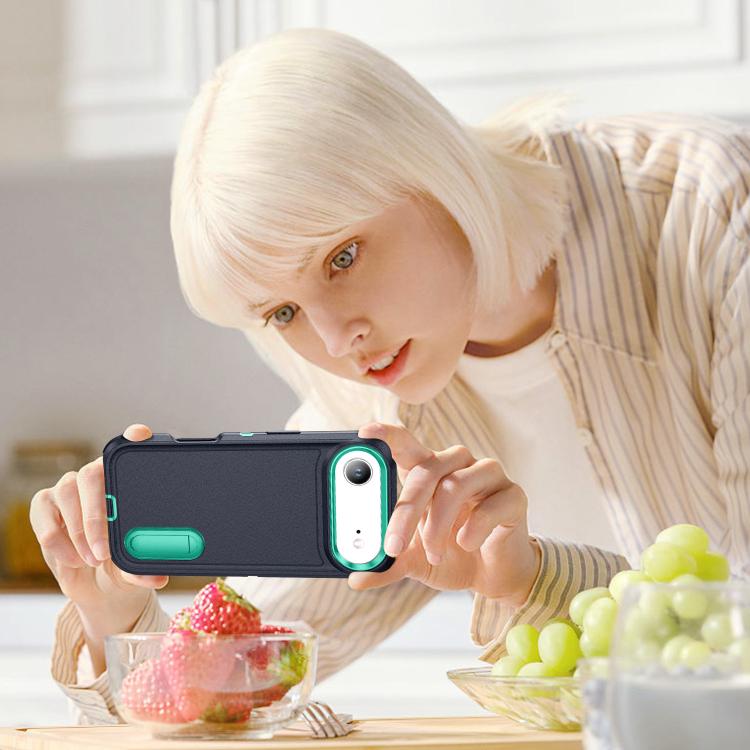 For iPhone Air Rugged PC + Silicone Phone Case with Holder(Dark Blue+Light Green) - iPhone Air Cases by buy2fix | Online Shopping UK | buy2fix