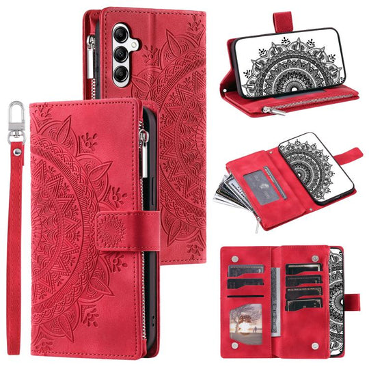 For Samsung Galaxy A57 5G Multi-Card Totem Zipper Leather Phone Case(Red)
