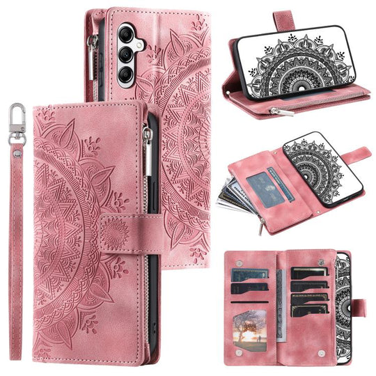 For Samsung Galaxy A57 5G Multi-Card Totem Zipper Leather Phone Case(Pink)