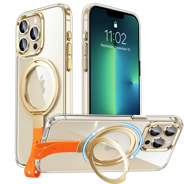 For iPhone 13 Pro Max Holder Hand Strap MagSafe Transparent Phone Case(Transparent Gold + Orange Strap) - iPhone 13 Pro Max Cases by buy2fix | Online Shopping UK | buy2fix
