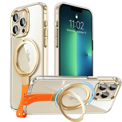 For iPhone 13 Pro Max Holder Hand Strap MagSafe Transparent Phone Case(Transparent Gold + Orange Strap) - iPhone 13 Pro Max Cases by buy2fix | Online Shopping UK | buy2fix