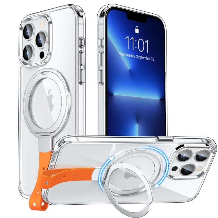 For iPhone 13 Pro Max Holder Hand Strap MagSafe Transparent Phone Case(Transparent Silver + Orange Strap) - iPhone 13 Pro Max Cases by buy2fix | Online Shopping UK | buy2fix