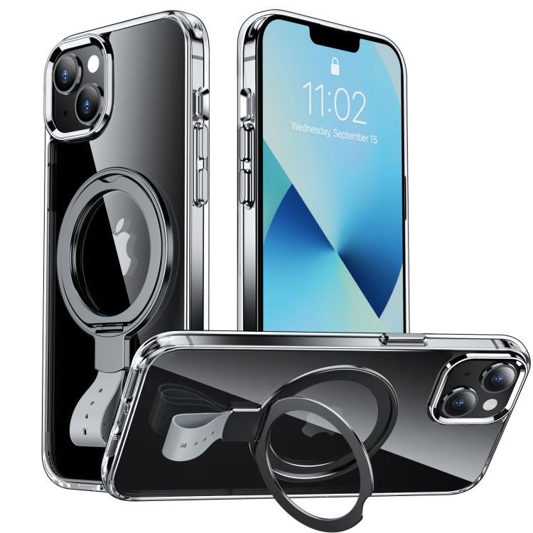 For iPhone 13 Holder Hand Strap MagSafe Transparent Phone Case(Transparent Black + Grey Strap) - iPhone 13 Cases by buy2fix | Online Shopping UK | buy2fix