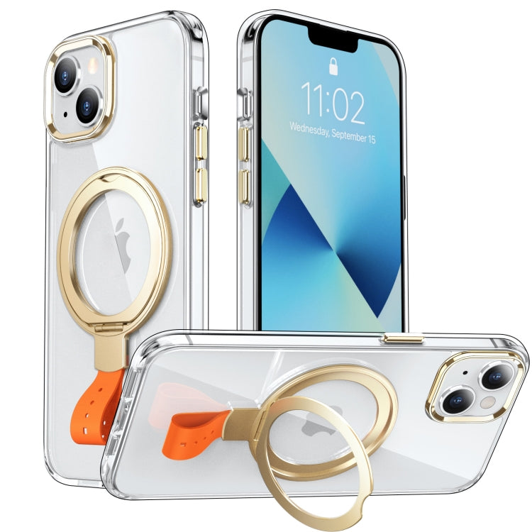For iPhone 13 Holder Hand Strap MagSafe Transparent Phone Case(Transparent Gold + Orange Strap) - iPhone 13 Cases by buy2fix | Online Shopping UK | buy2fix