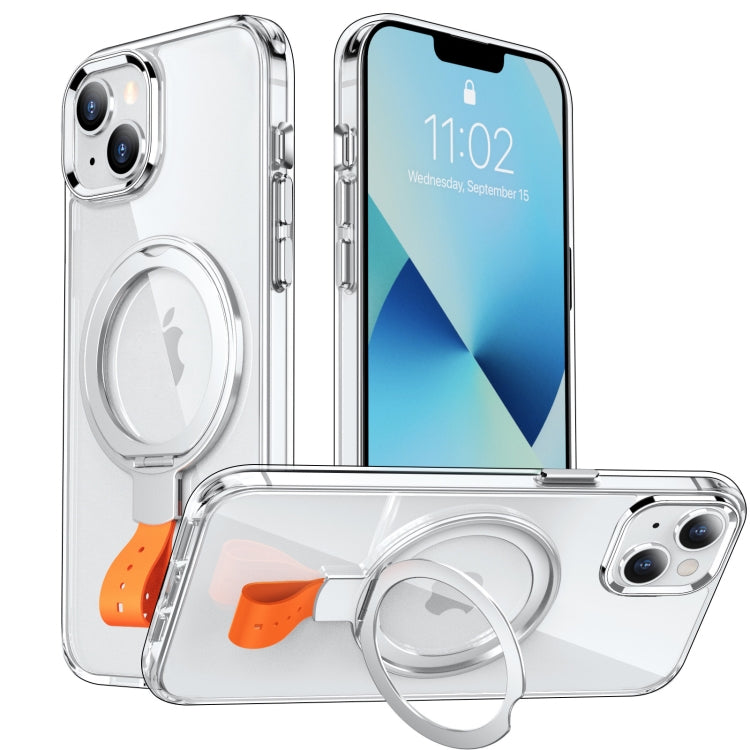 For iPhone 13 Holder Hand Strap MagSafe Transparent Phone Case(Transparent Silver + Orange Strap) - iPhone 13 Cases by buy2fix | Online Shopping UK | buy2fix