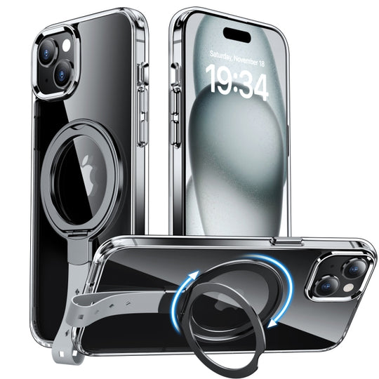 For iPhone 15 Holder Hand Strap MagSafe Transparent Phone Case(Transparent Black + Grey Strap)