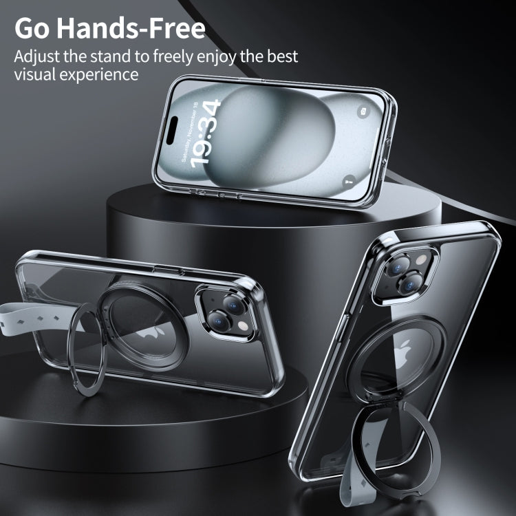 For iPhone 15 Holder Hand Strap MagSafe Transparent Phone Case(Transparent Black + Grey Strap) - iPhone 15 Cases by buy2fix | Online Shopping UK | buy2fix