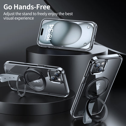 For iPhone 15 Holder Hand Strap MagSafe Transparent Phone Case(Transparent Black + Grey Strap) - iPhone 15 Cases by buy2fix | Online Shopping UK | buy2fix