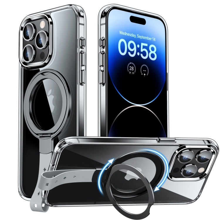 For iPhone 14 Pro Holder Hand Strap MagSafe Transparent Phone Case(Transparent Black + Grey Strap) - iPhone 14 Pro Cases by buy2fix | Online Shopping UK | buy2fix