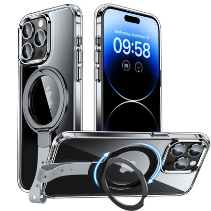 For iPhone 14 Pro Holder Hand Strap MagSafe Transparent Phone Case(Transparent Black + Grey Strap) - iPhone 14 Pro Cases by buy2fix | Online Shopping UK | buy2fix