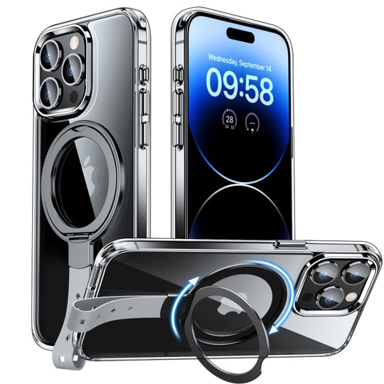 For iPhone 14 Pro Holder Hand Strap MagSafe Transparent Phone Case(Transparent Black + Grey Strap)