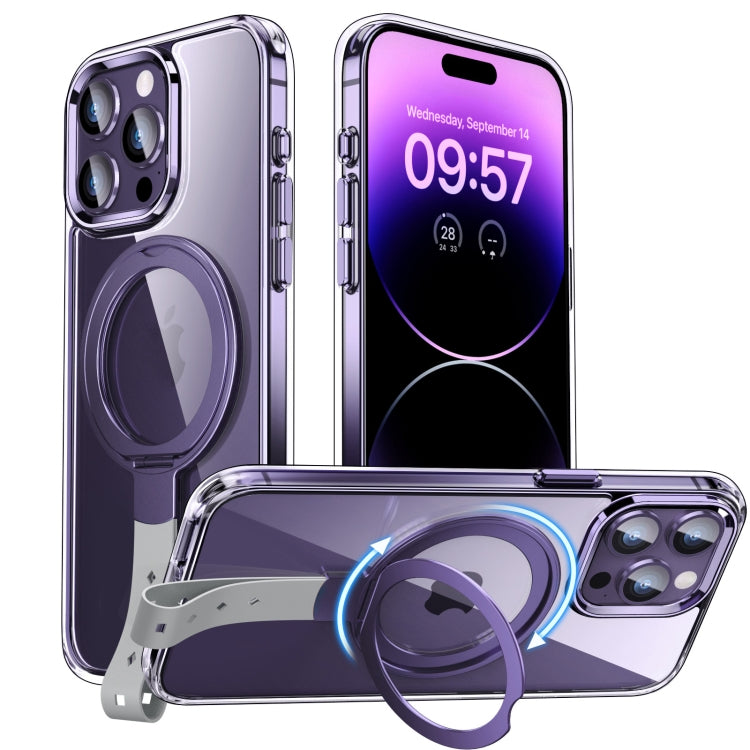 For iPhone 14 Pro Holder Hand Strap MagSafe Transparent Phone Case(Purple + Grey Strap) - iPhone 14 Pro Cases by buy2fix | Online Shopping UK | buy2fix