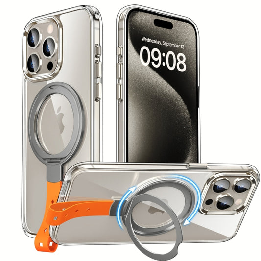 For iPhone 15 Pro Holder Hand Strap MagSafe Transparent Phone Case(Titanium Grey + Orange Strap) - iPhone 15 Pro Cases by buy2fix | Online Shopping UK | buy2fix